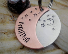 Load image into Gallery viewer, Dog id tag, crescent moon with stars, handstamped
