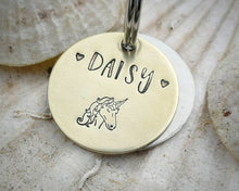 Load image into Gallery viewer, Samll pet id tag, hand stamped with unicorn design
