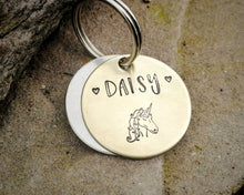 Load image into Gallery viewer, Samll pet id tag, hand stamped with unicorn design