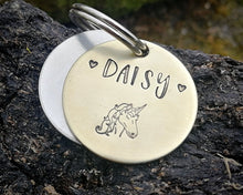 Load image into Gallery viewer, Samll pet id tag, hand stamped with unicorn design