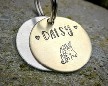 Load image into Gallery viewer, Samll pet id tag, hand stamped with unicorn design