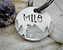 Load image into Gallery viewer, Cat name tag, hand stamped with trees & cabin