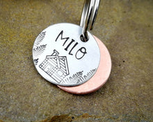 Load image into Gallery viewer, Cat name tag, hand stamped with trees & cabin