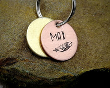 Load image into Gallery viewer, Cat id tag, hand stamped with feather design