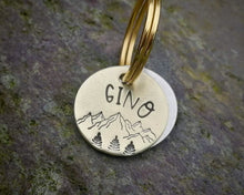 Load image into Gallery viewer, Cat id tag, hand stamped with mountains & trees