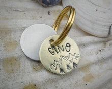 Load image into Gallery viewer, Cat id tag, hand stamped with mountains & trees