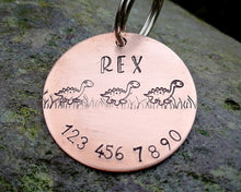 Load image into Gallery viewer, Dog Tag, hand stamped with phonenumber & cute dino