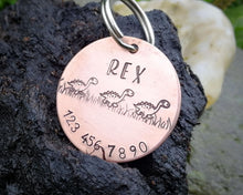 Load image into Gallery viewer, Dog Tag, hand stamped with phonenumber & cute dino