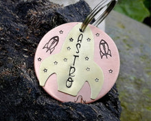Load image into Gallery viewer, Dog id tag with rocket, spaceship & stars