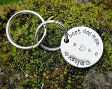Load image into Gallery viewer, 'Best dog mom' keychain, handstamped with the dog's name & hearts