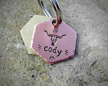 Load image into Gallery viewer, Hexagon cat id tag, hand stamped with longhorn design