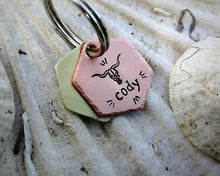 Load image into Gallery viewer, Hexagon cat id tag, hand stamped with longhorn design