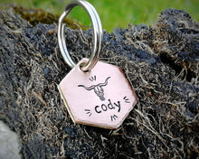 Load image into Gallery viewer, Hexagon cat id tag, hand stamped with longhorn design