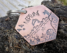 Load image into Gallery viewer, Hexagon dog tag, hand stamped with nautical design, dolphin & lighthouse