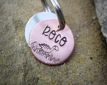 Load image into Gallery viewer, Cat name tag, hand stamped with cute dino