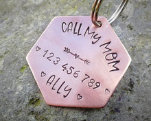 Load image into Gallery viewer, Dog tag, hand stamped with 'Call My Mom' & phone number