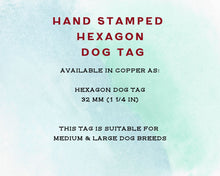 Load image into Gallery viewer, Hexagon dog tag, hand stamped with nautical design, dolphin & lighthouse