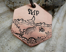 Load image into Gallery viewer, Hexagon dog tag, hand stamped with marine design, whale fluke & fish