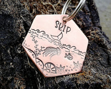 Load image into Gallery viewer, Hexagon dog tag, hand stamped with marine design, whale fluke & fish