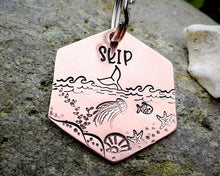 Load image into Gallery viewer, Hexagon dog tag, hand stamped with marine design, whale fluke & fish