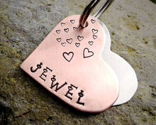 Load image into Gallery viewer, Medium dog name tag, hand stamped with hearts