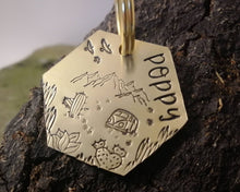Load image into Gallery viewer, Hexagon dog id tag, hand stamped with adventure design, cactus & camper van