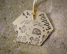 Load image into Gallery viewer, Hexagon dog id tag, hand stamped with adventure design, cactus & camper van