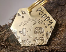 Load image into Gallery viewer, Hexagon dog id tag, hand stamped with adventure design, cactus & camper van