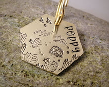 Load image into Gallery viewer, Hexagon dog id tag, hand stamped with adventure design, cactus & camper van