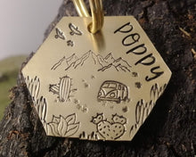 Load image into Gallery viewer, Hexagon dog id tag, hand stamped with adventure design, cactus & camper van