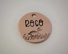 Load image into Gallery viewer, Cat name tag, hand stamped with cute dino