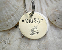Load image into Gallery viewer, Samll pet id tag, hand stamped with unicorn design