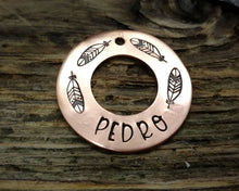 Load image into Gallery viewer, Washer dog tag, hand stamped with feathers