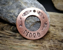 Load image into Gallery viewer, Washer dog tag, hand stamped with feathers