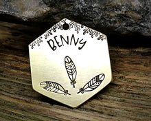 Load image into Gallery viewer, Hexagon dog tag, hand stamped with boho design & feathers