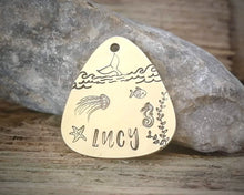 Load image into Gallery viewer, Guitar pick dog id tag, hand stamped with ocean design & whale