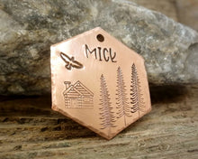 Load image into Gallery viewer, Hexagon dog name tag, handstamped with cabin & trees
