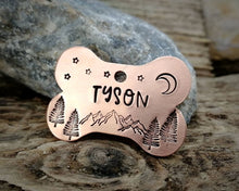 Load image into Gallery viewer, Bone dog tag, hand stamped with mountains & trees