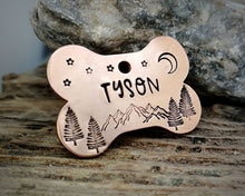 Load image into Gallery viewer, Bone dog tag, hand stamped with mountains & trees