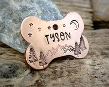 Load image into Gallery viewer, Bone dog tag, hand stamped with mountains & trees