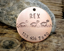 Load image into Gallery viewer, Dog Tag, hand stamped with phonenumber & cute dino