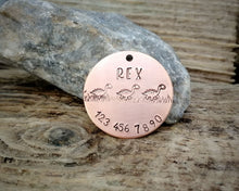 Load image into Gallery viewer, Dog Tag, hand stamped with phonenumber & cute dino