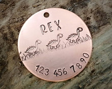Load image into Gallery viewer, Dog Tag, hand stamped with phonenumber & cute dino
