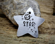Load image into Gallery viewer, Small pet id tag, Aluminium star hand stamped with moon & stars, lightweight cat tag