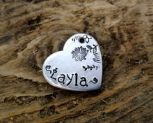 Load image into Gallery viewer, Small heart pet id tag, Aluminum heart with flower design, lightweight cat id tag