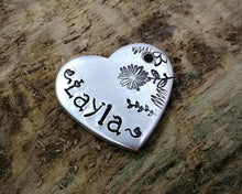 Load image into Gallery viewer, Small heart pet id tag, Aluminum heart with flower design, lightweight cat id tag