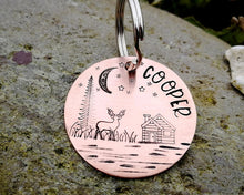 Load image into Gallery viewer, Dog id tag, landscape design with tree, deer & cabin