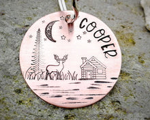 Load image into Gallery viewer, Dog id tag, landscape design with tree, deer & cabin