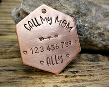Load image into Gallery viewer, Dog tag, hand stamped with 'Call My Mom' & phone number