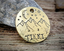 Load image into Gallery viewer, Pet id tag, hand stamped with mountain, moon & stars